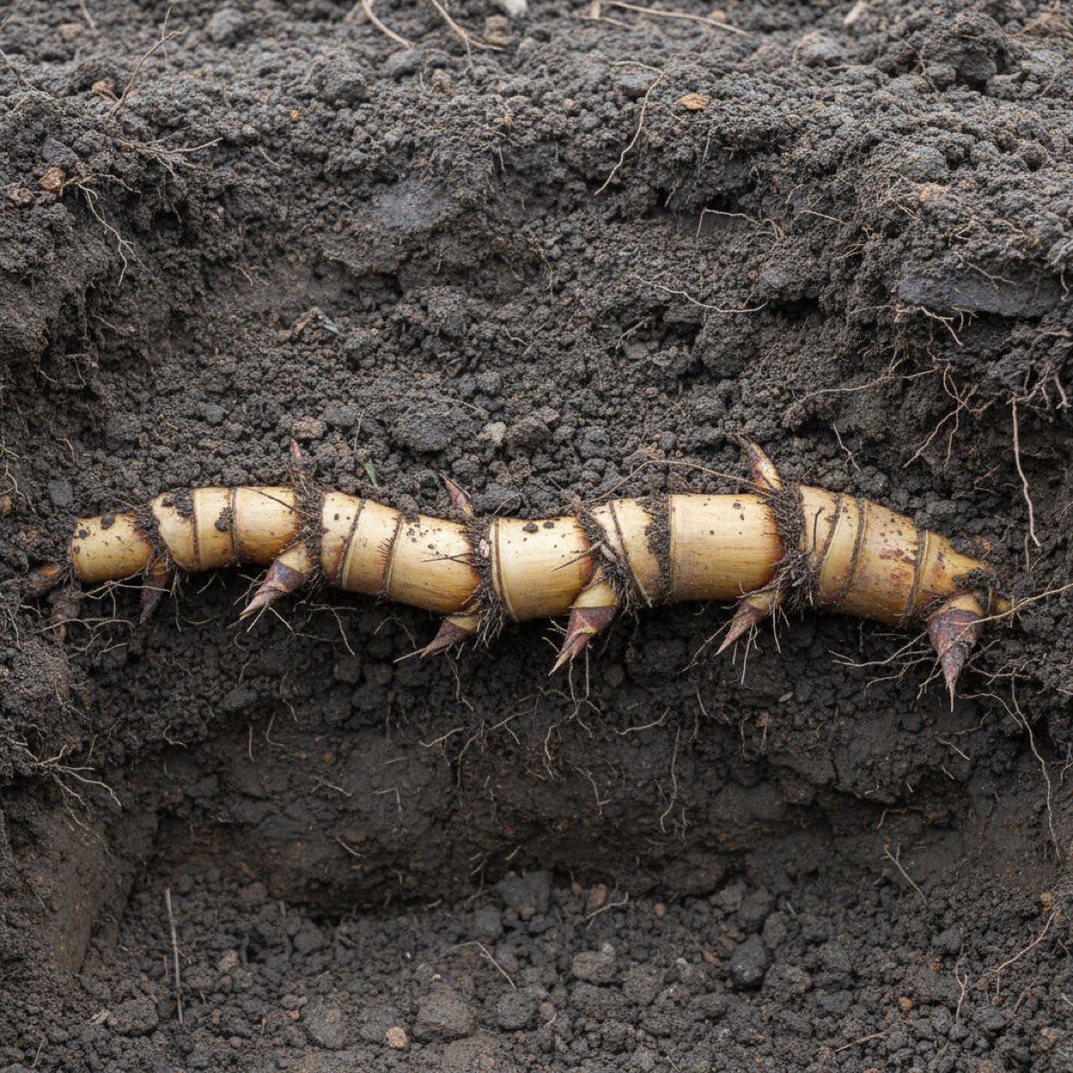 A bamboo rhizome exposed in the wall of a dug trench, running horizontally a hand's depth below the surface: a thick, segmented, pale tan underground stem with stiff roots and sharp pointed buds along it