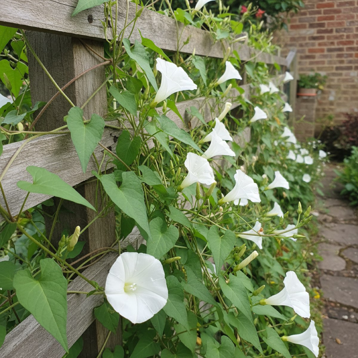 Bindweed's white trumpet-shaped flowers twining up and over a wooden garden fence