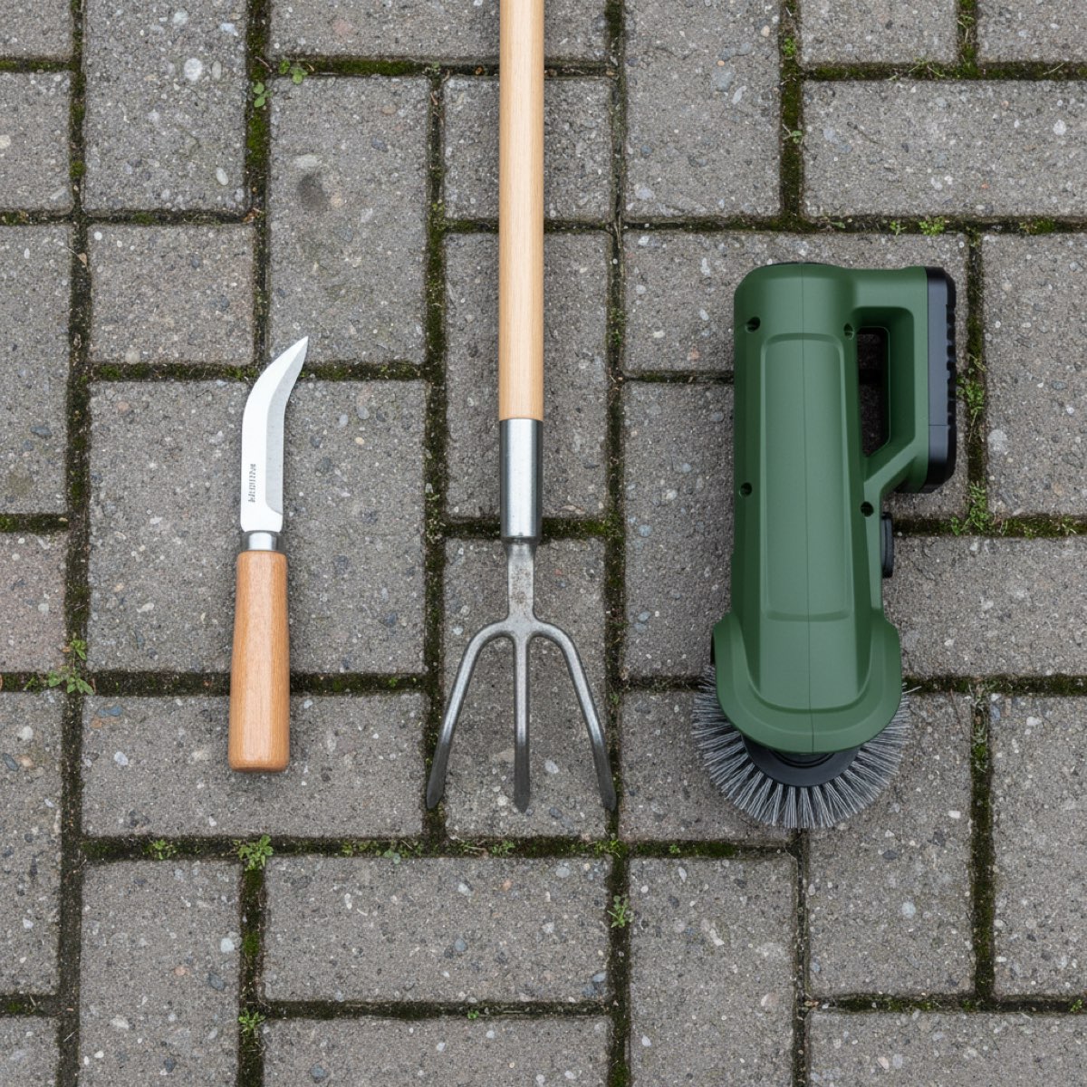 Three block-paving weeding tools side by side: a hand weed knife, a long-handled weeder and a cordless rotary wire brush