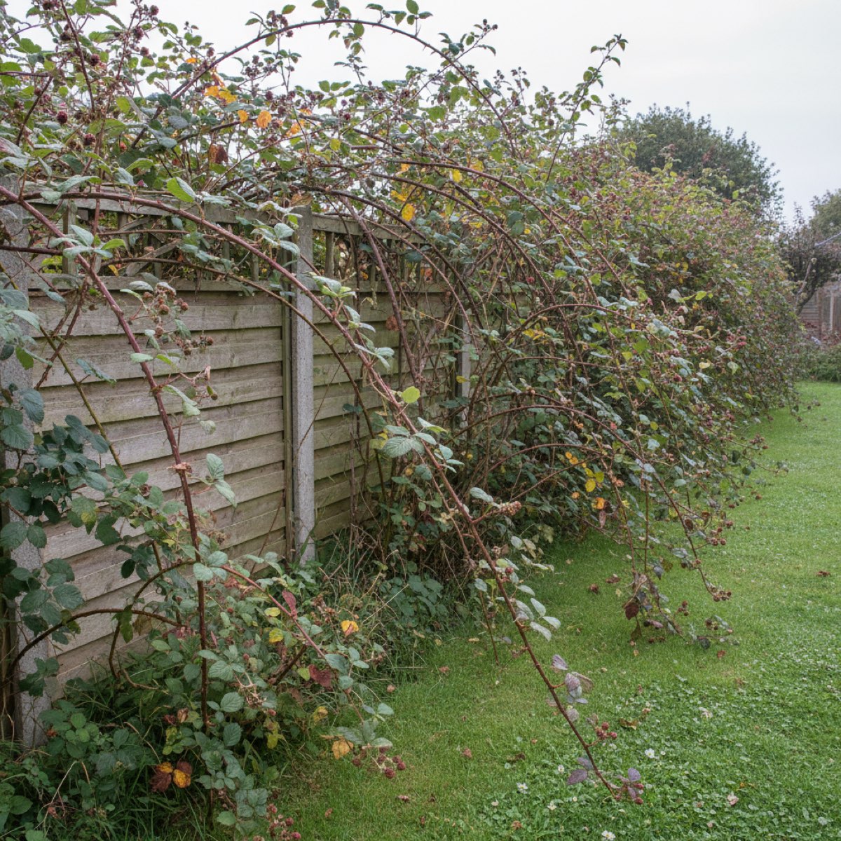 A dense bramble patch with thorny arching canes growing along a wooden garden fence line