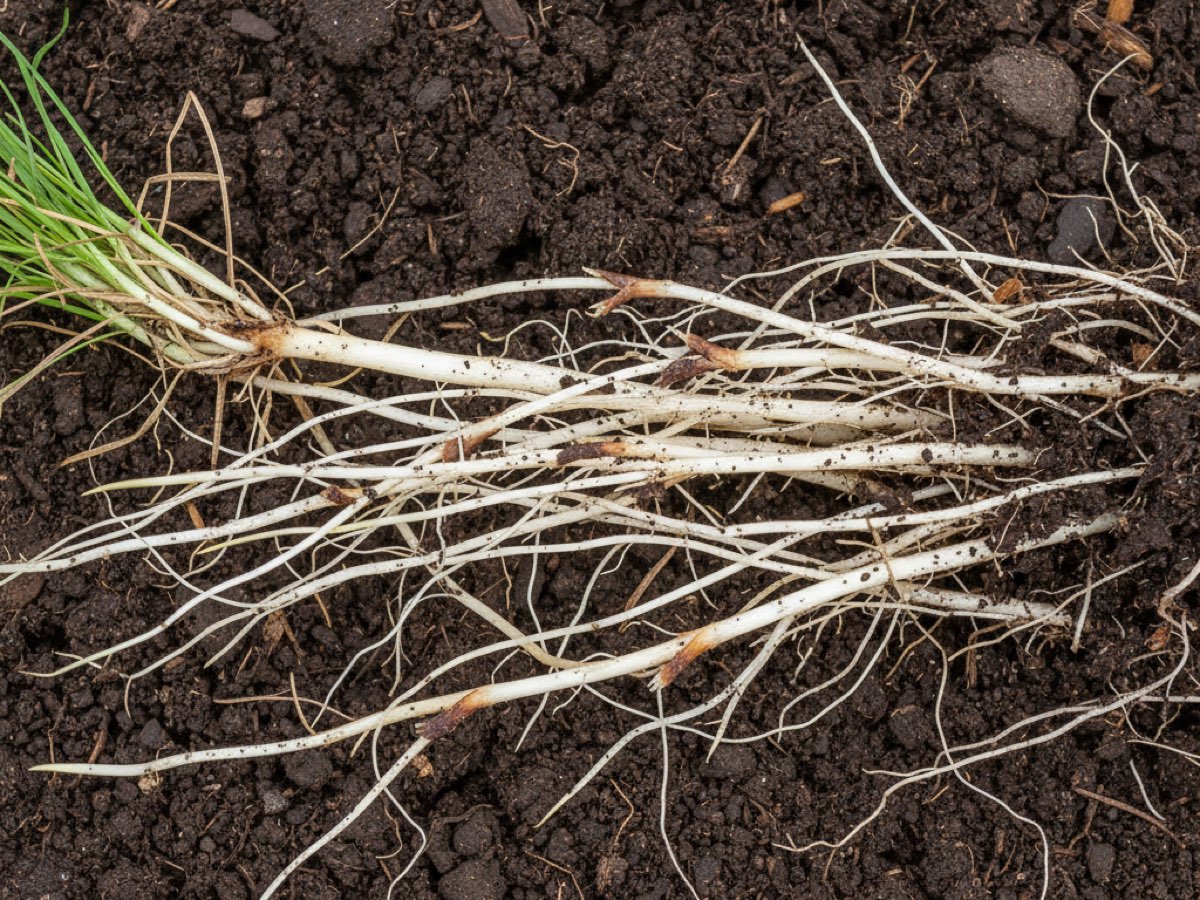 A lifted tangle of couch grass rhizomes on dark soil: a small tuft of green blades at one end and a wide mass of wiry, glossy white jointed underground stems spreading sideways from it