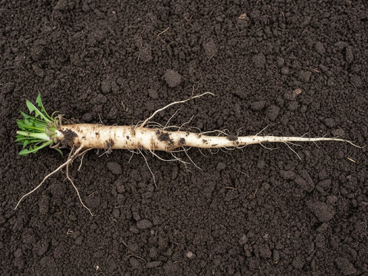 A dandelion taproot lifted whole and laid on dark soil, running the full width of the frame: a thick pale crown with cut leaf bases at one end, tapering along fine lateral roots to a hair-thin tip at the other