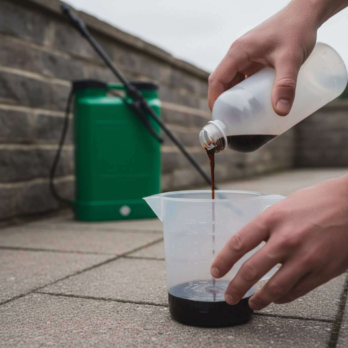 Measuring glyphosate concentrate into a jug next to a knapsack sprayer before mixing