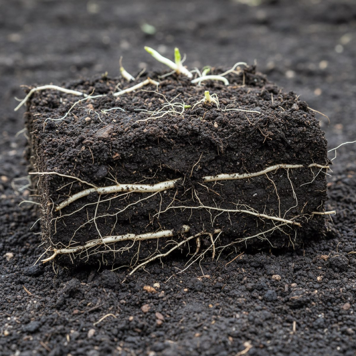 A cut block of dark soil showing pale white ground elder rhizomes running horizontally through the shallow upper band, with short shoots pushing up from them to the surface