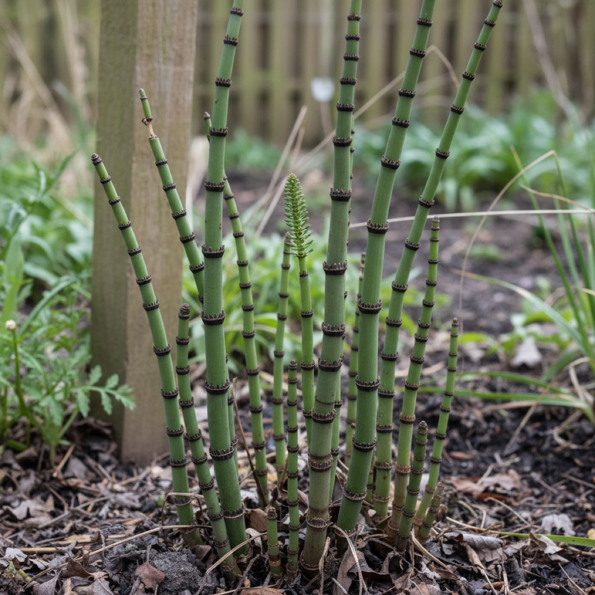 Horsetail's distinctive jointed, bottle-brush-like green stems growing in a garden border