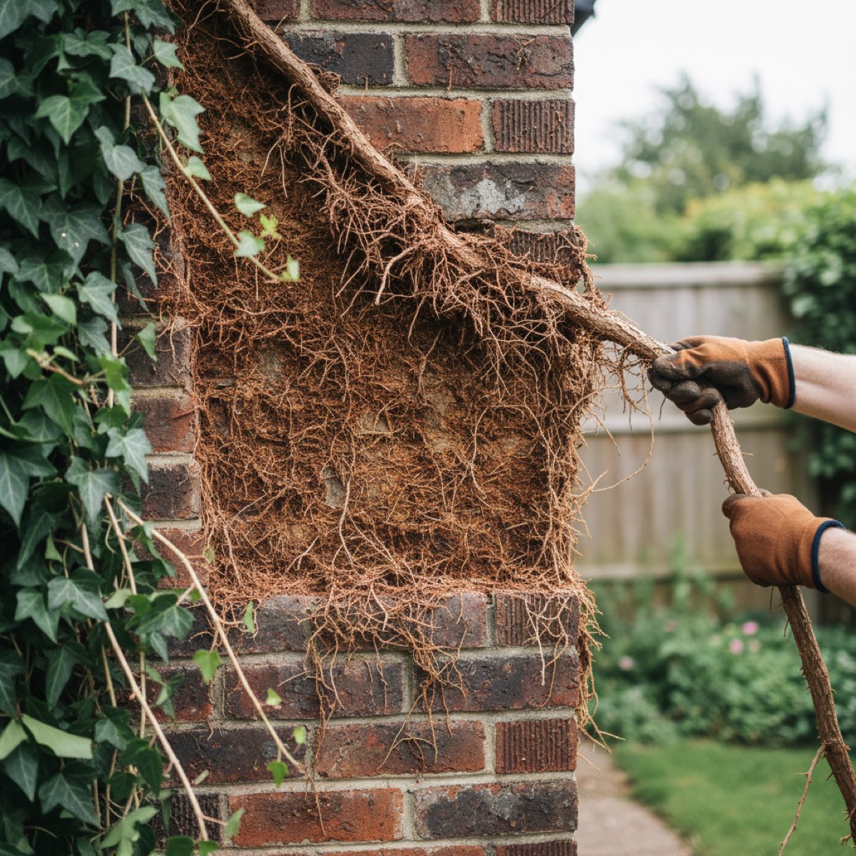 Ivy being pulled back from a brick wall, showing the dense network of aerial roots and root mat left clinging to the brickwork