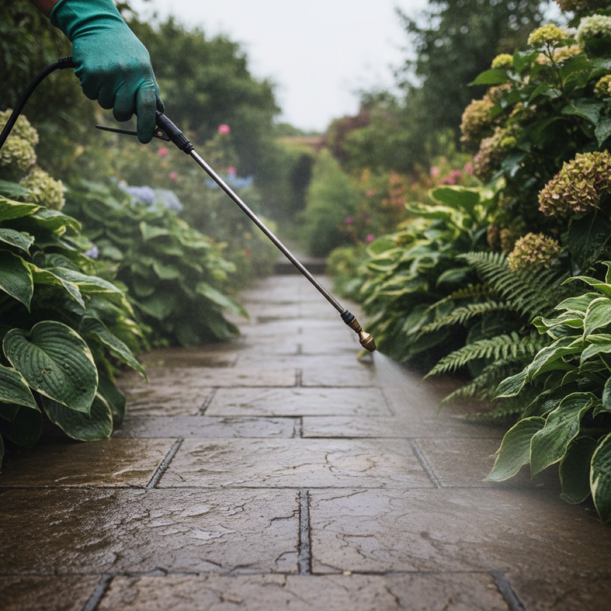 Close-up of a gloved hand holding a knapsack sprayer lance, spraying a fine mist at a steady height over a garden path