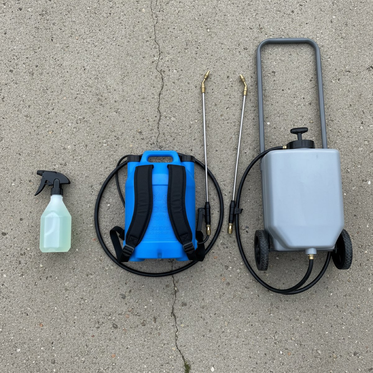 Three types of weed killer sprayer side by side: a handheld pump-action spray bottle, a backpack knapsack sprayer and a wheeled trolley sprayer, all unbranded