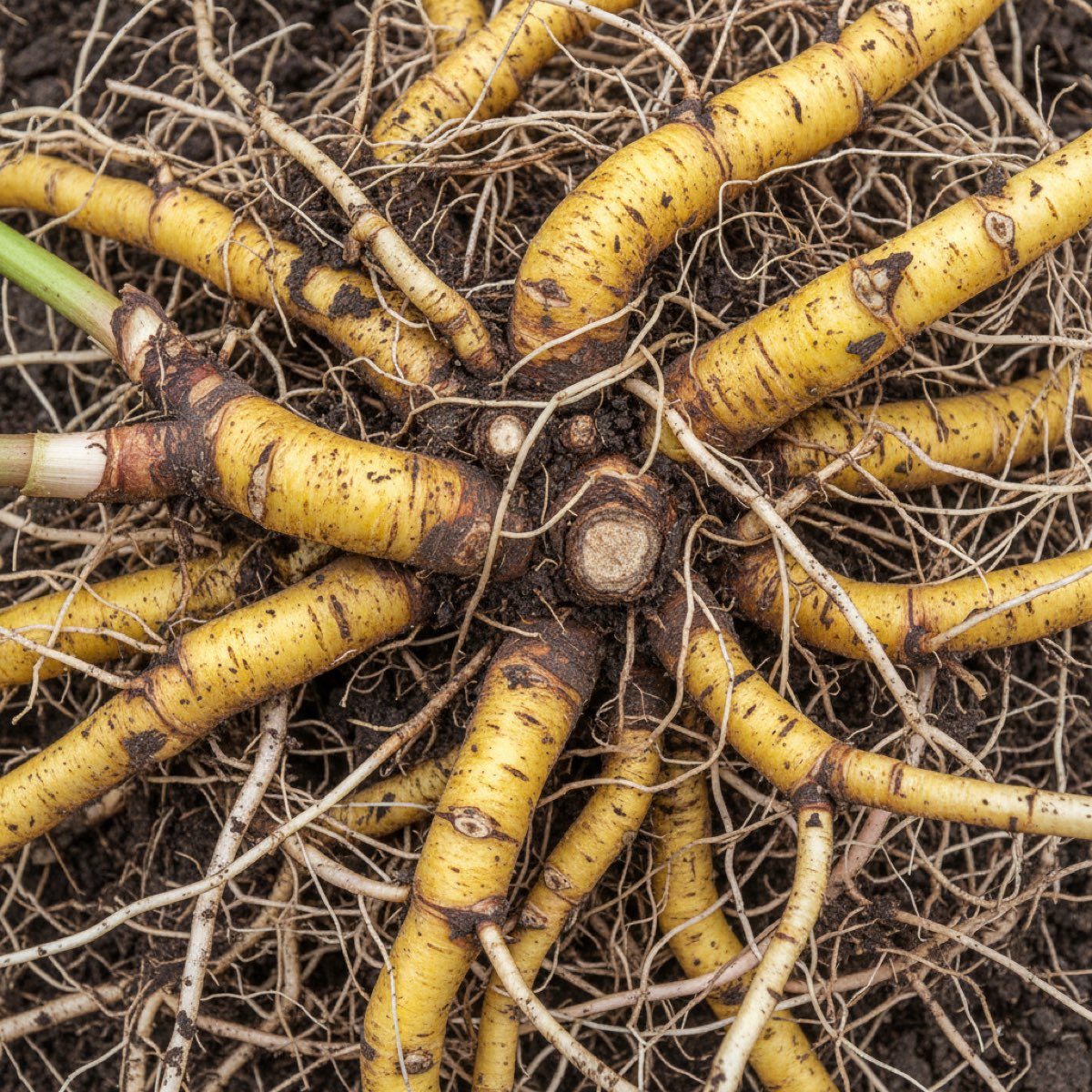 A lifted mat of stinging nettle rhizomes on dark soil: thick, bright yellow, furrowed underground stems with paler cream creeping stems running off them