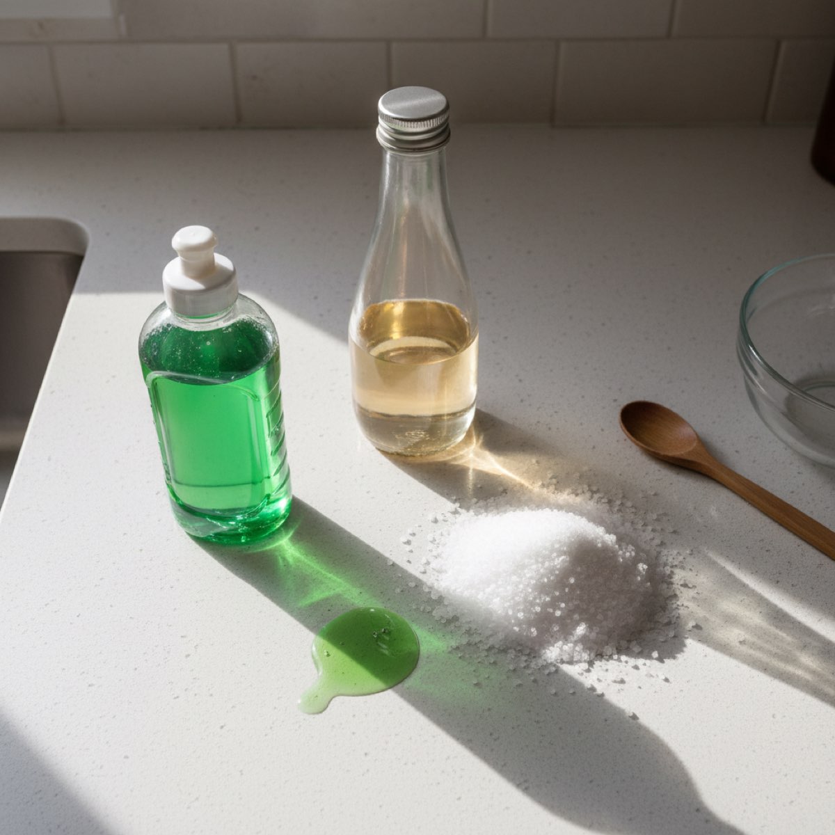 Vinegar, table salt and washing-up liquid laid out together on a kitchen counter, the home-made weed killer recipe ingredients