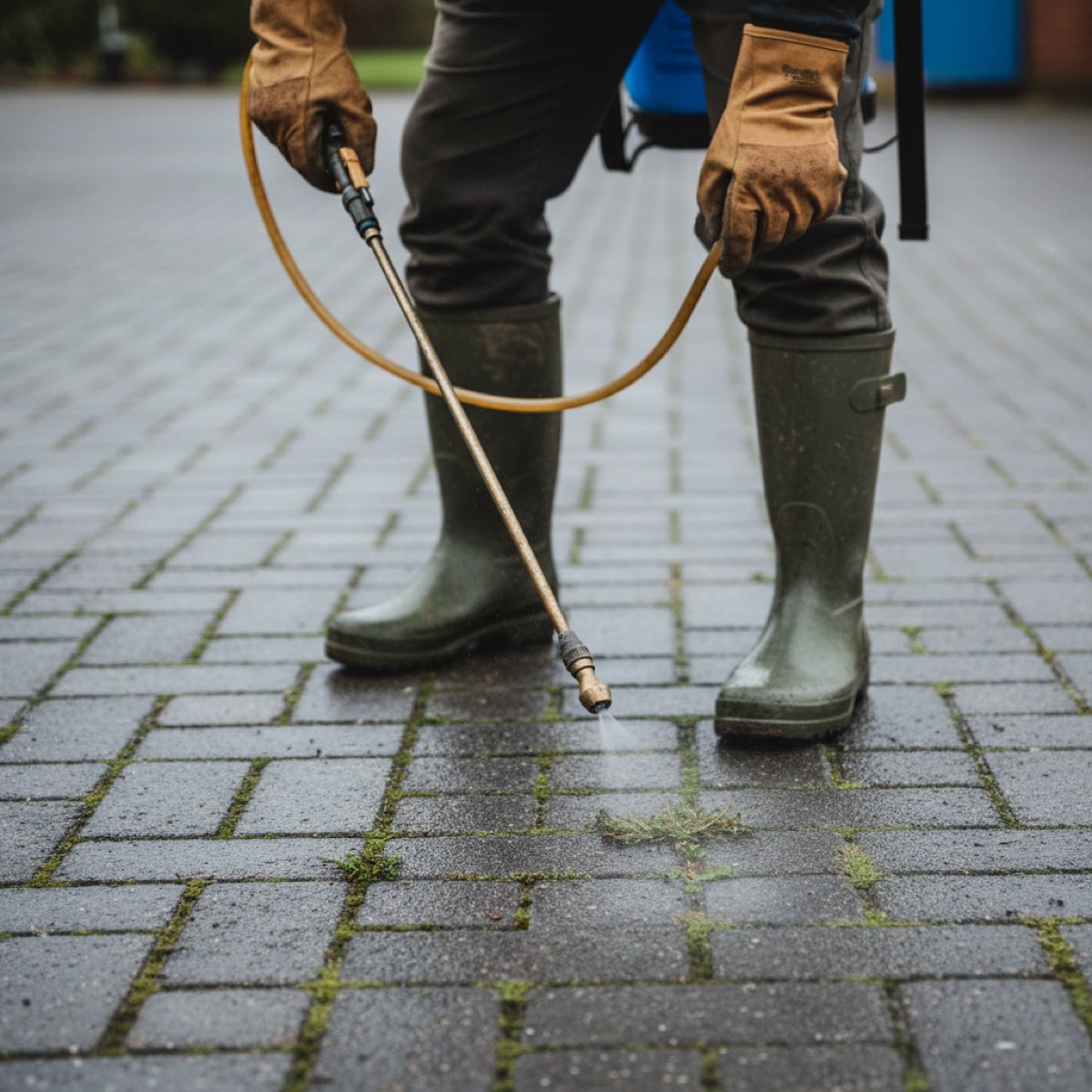 Someone in wellies and gardening gloves spraying weeds growing in the joints of a block-paved driveway, holding the sprayer wand low and close