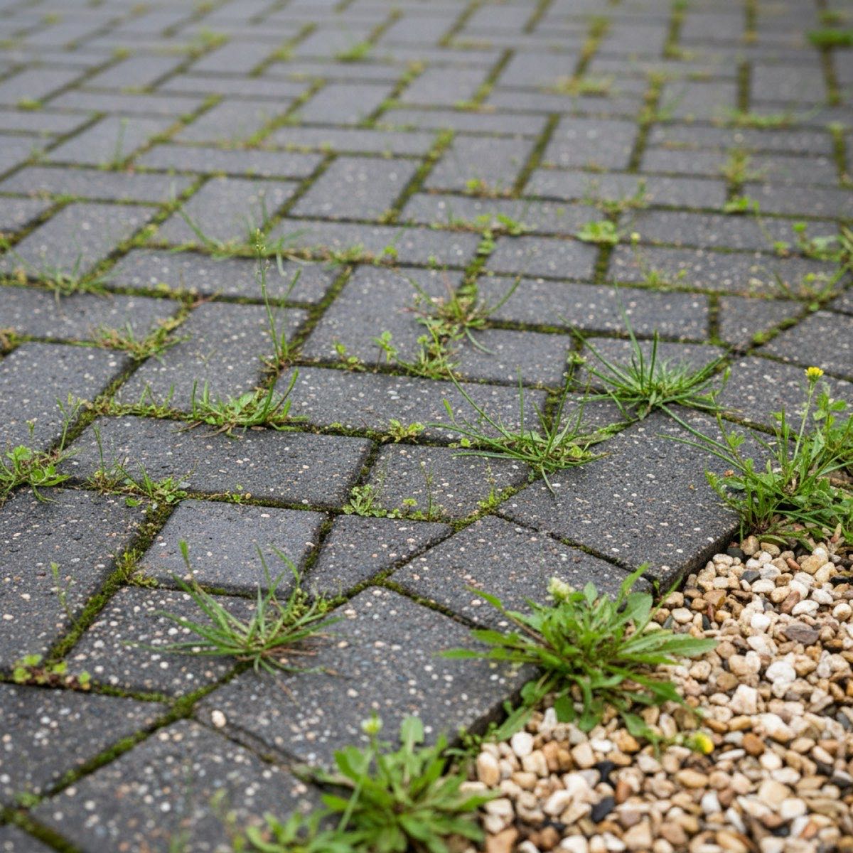 Weeds and grass growing up through the sand joints of a UK block-paved driveway, with more coming through the gravel edging alongside it